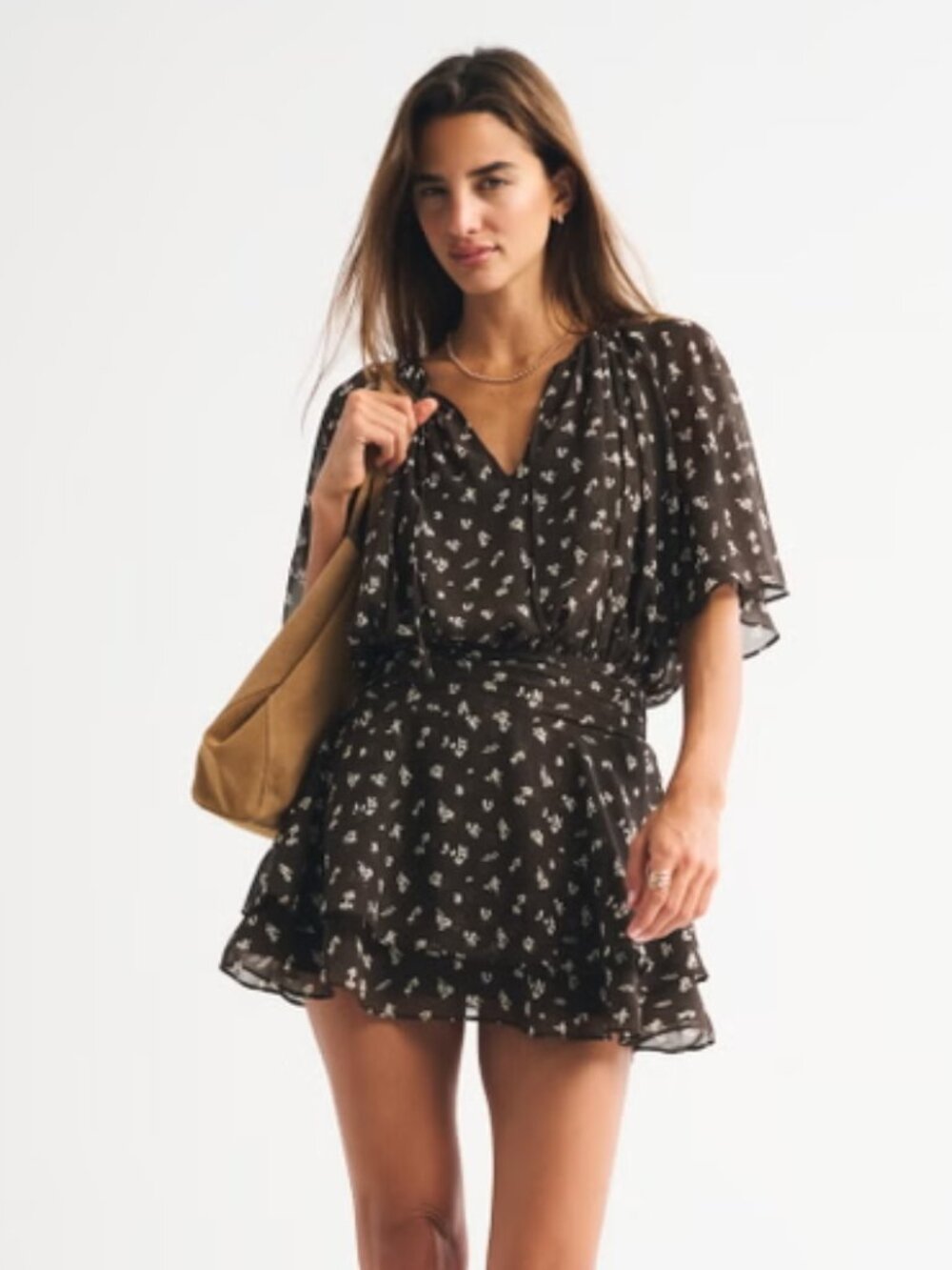 NWT Abercrombie Angel Sleeve Sheer Mini Dress Brown Floral Medium